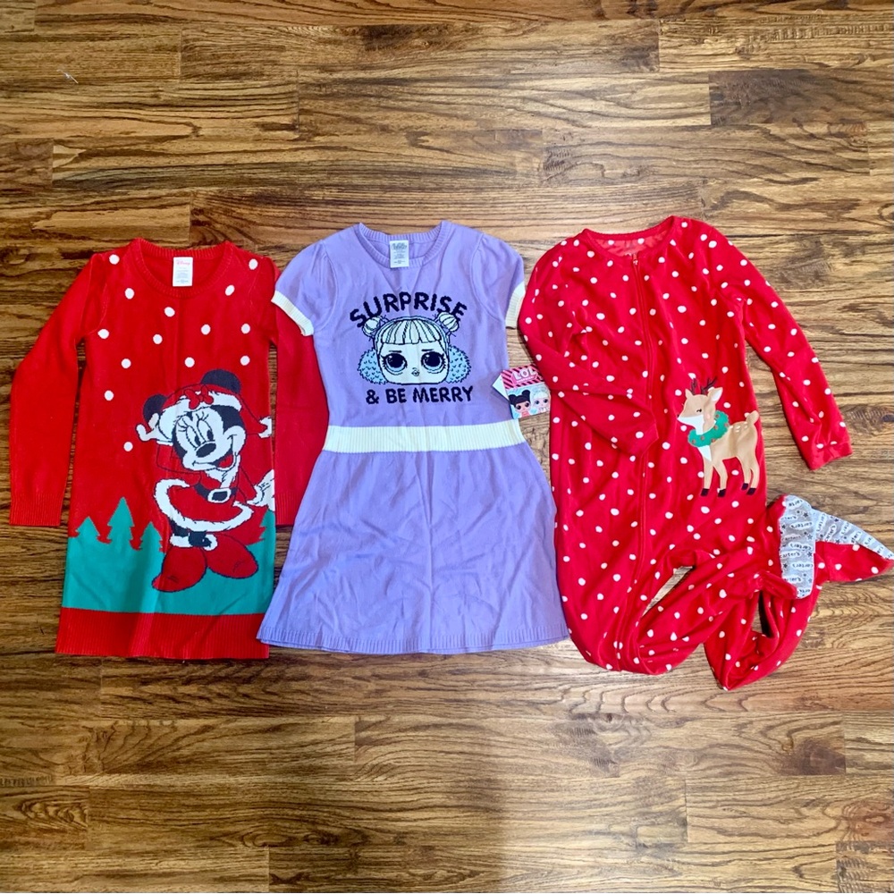 Lot of little girls 7/8 Christmas clothes, LOL & Minnie dress & Carter’s PJ’s